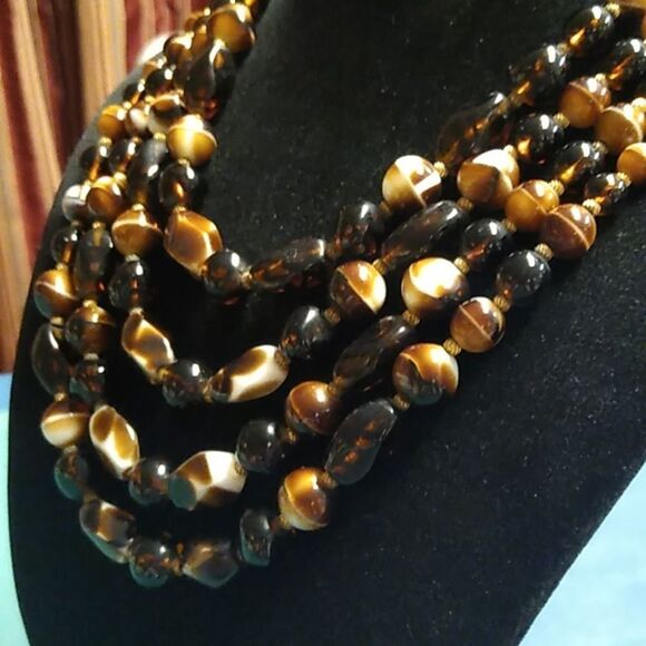 Faux Tiger Eye Graduated Shapes  & Sized Beads Multiple Strands Gold Tone - Picture 3 of 11